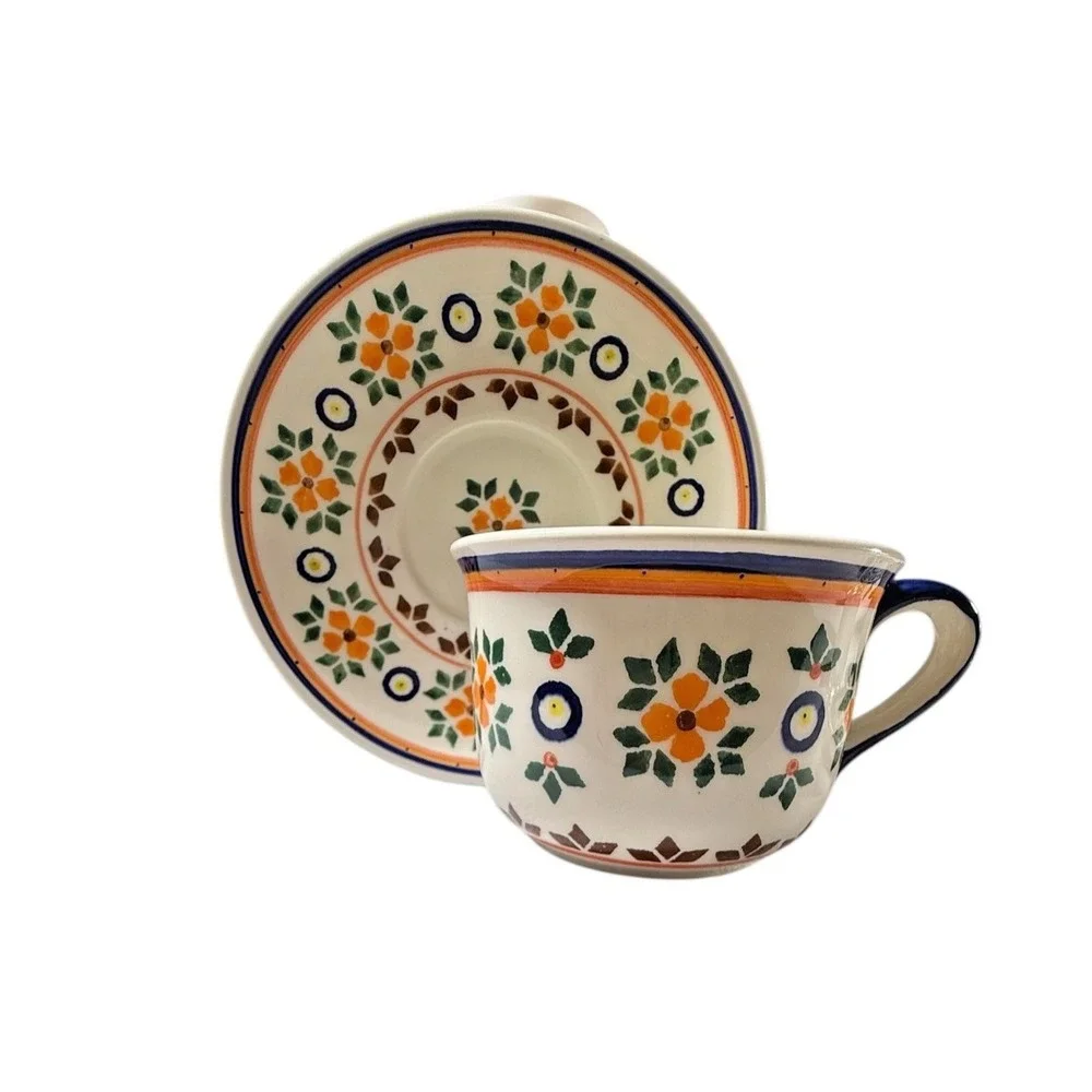 Vintage Polish Pottery Quilt Holiday Pattern  Tea Cup & Saucer Signed & Stamped